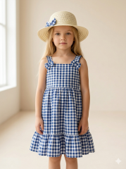 Kız Çocuk Pötikare Desenli Elbise ve Fiyonklu Hasır Şapka Takımı LACİVERT 4 YAŞ