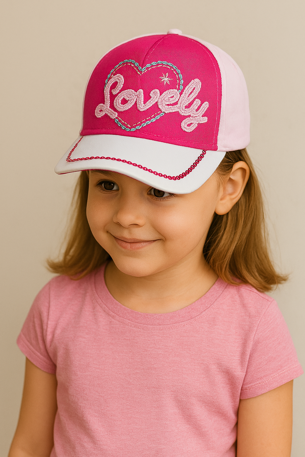 Kız Çocuk Kalpli Pullu Yazlık Şapka | Lovely Nakışlı Ayarlanabilir Pamuklu Kep Modeli 3-7 Yaş PEMBE-BEYAZ - 3-7 Yaş