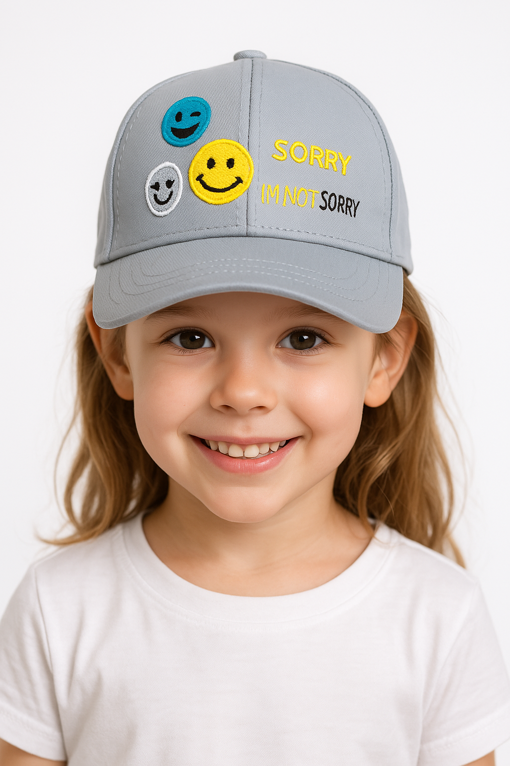 Kız Çocuk Nakışlı Şapka | Renkli Smiley Baskılı Yazlık Pamuklu Ayarlanabilir Çocuk Şapka 3-7 Yaş GRİ - 3-7 Yaş