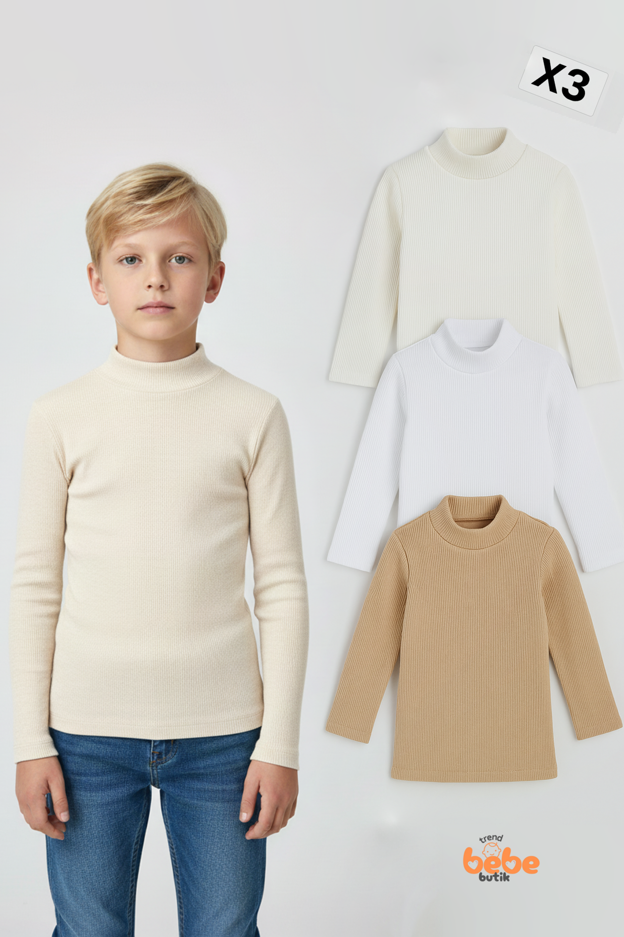 Erkek Çocuk 3’lü Set Esnek Kaşkorse Fitilli Boğazlı Uzun Kollu Body Pamuklu İçlik & Günlük Basic Üst