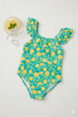 Turkuaz Limon Baskılı Omuzları Fırfırlı Kız Çocuk Mayo 4 YAŞ