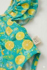 Turkuaz Limon Baskılı Omuzları Fırfırlı Kız Çocuk Mayo 4 YAŞ