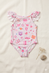 Kız Çocuk Pembe Kalp ve Hediye Desenli Fırfırlı Mayo 3 YAŞ