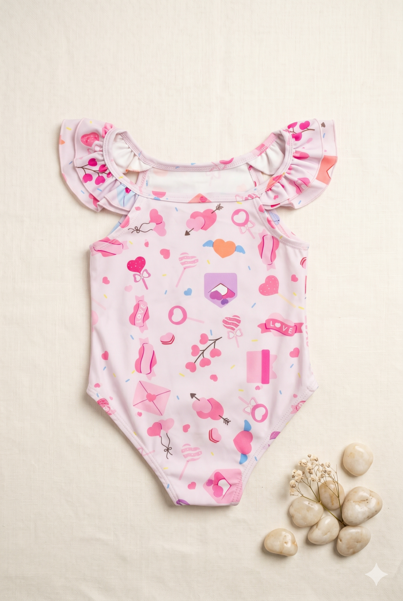 Kız Çocuk Pembe Kalp ve Hediye Desenli Fırfırlı Mayo 3 YAŞ