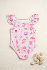 Kız Çocuk Pembe Kalp ve Hediye Desenli Fırfırlı Mayo 3 YAŞ