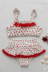Kız Çocuk Kiraz Desenli Ponpon Detaylı Etekli Bikini Takımı