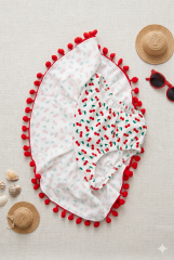 Kız Çocuk Kiraz Desenli Ponpon Detaylı Etekli Bikini Takımı 4 YAŞ