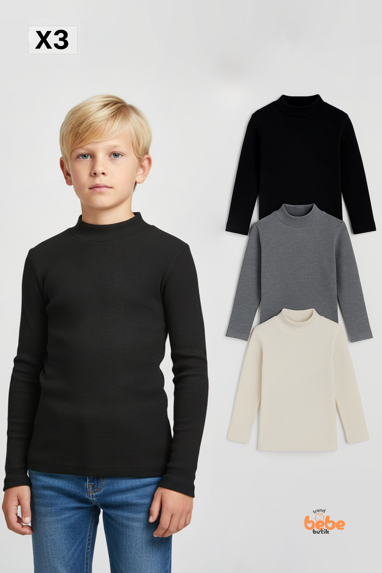 Erkek Çocuk 3’lü Set Esnek Kaşkorse Fitilli Boğazlı Uzun Kollu Body Pamuklu İçlik & Günlük Basic Üst