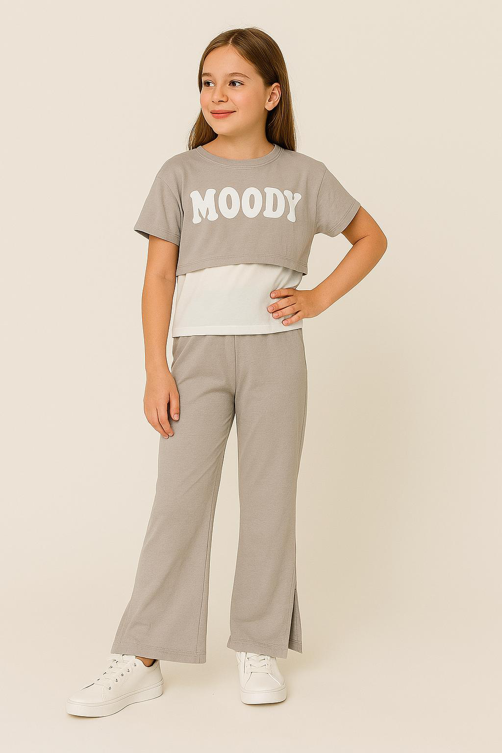 Kız Çocuk Yazlık Takım 2’li | MOODY Baskılı Crop, Atlet + Yırtmaçlı Bol Paça Pantolon | 8-13 Yaş GRİ - 9-10 Yaş