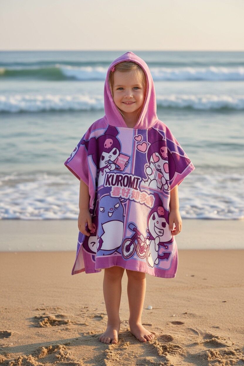 Kız Çocuk Özel Karakter Baskılı Kapüşonlu Çocuk Plaj Pançosu & Havlusu