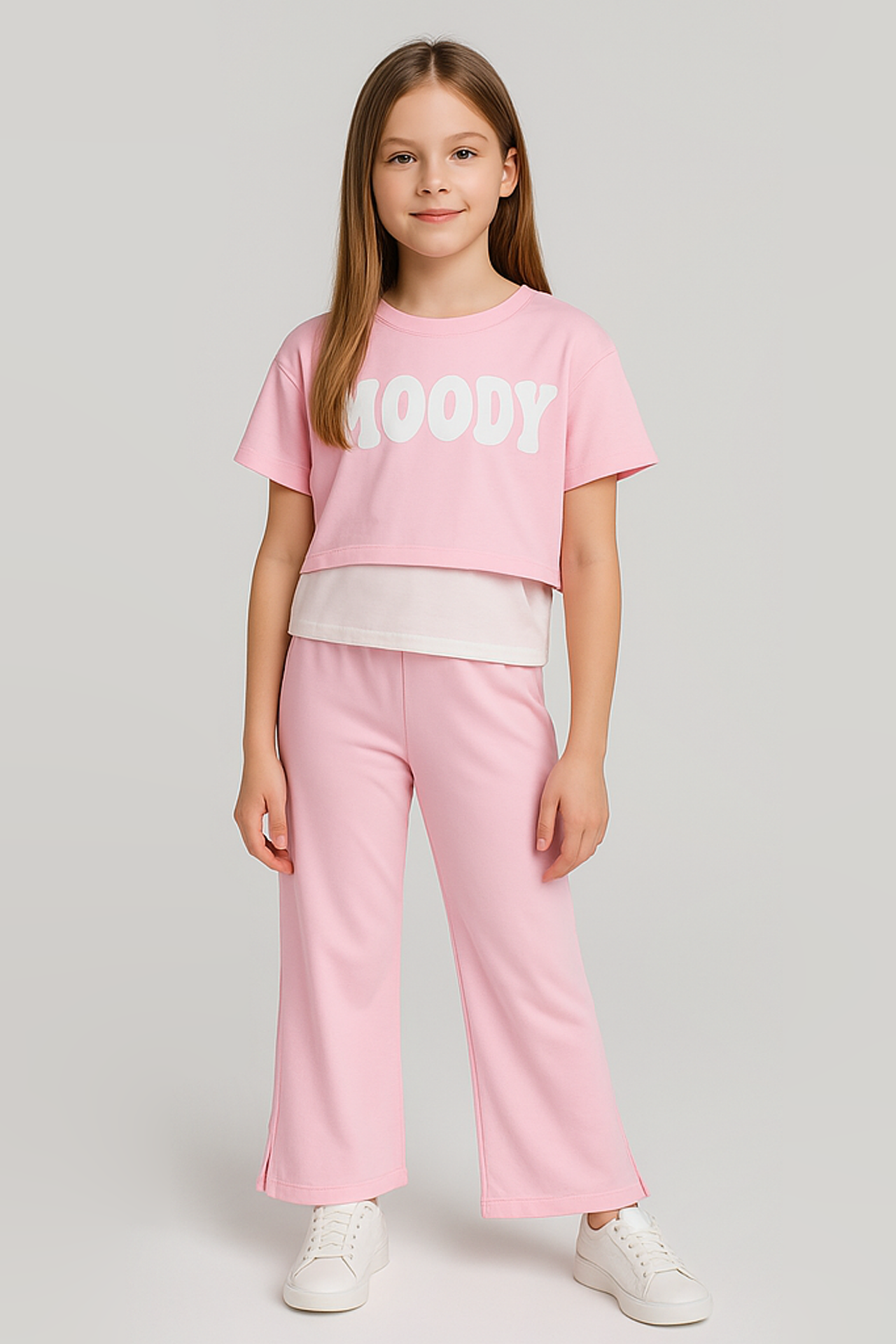 Kız Çocuk Yazlık Takım 2’li | MOODY Baskılı Crop, Atlet + Yırtmaçlı Bol Paça Pantolon | 8-13 Yaş PEMBE - 11-12 Yaş