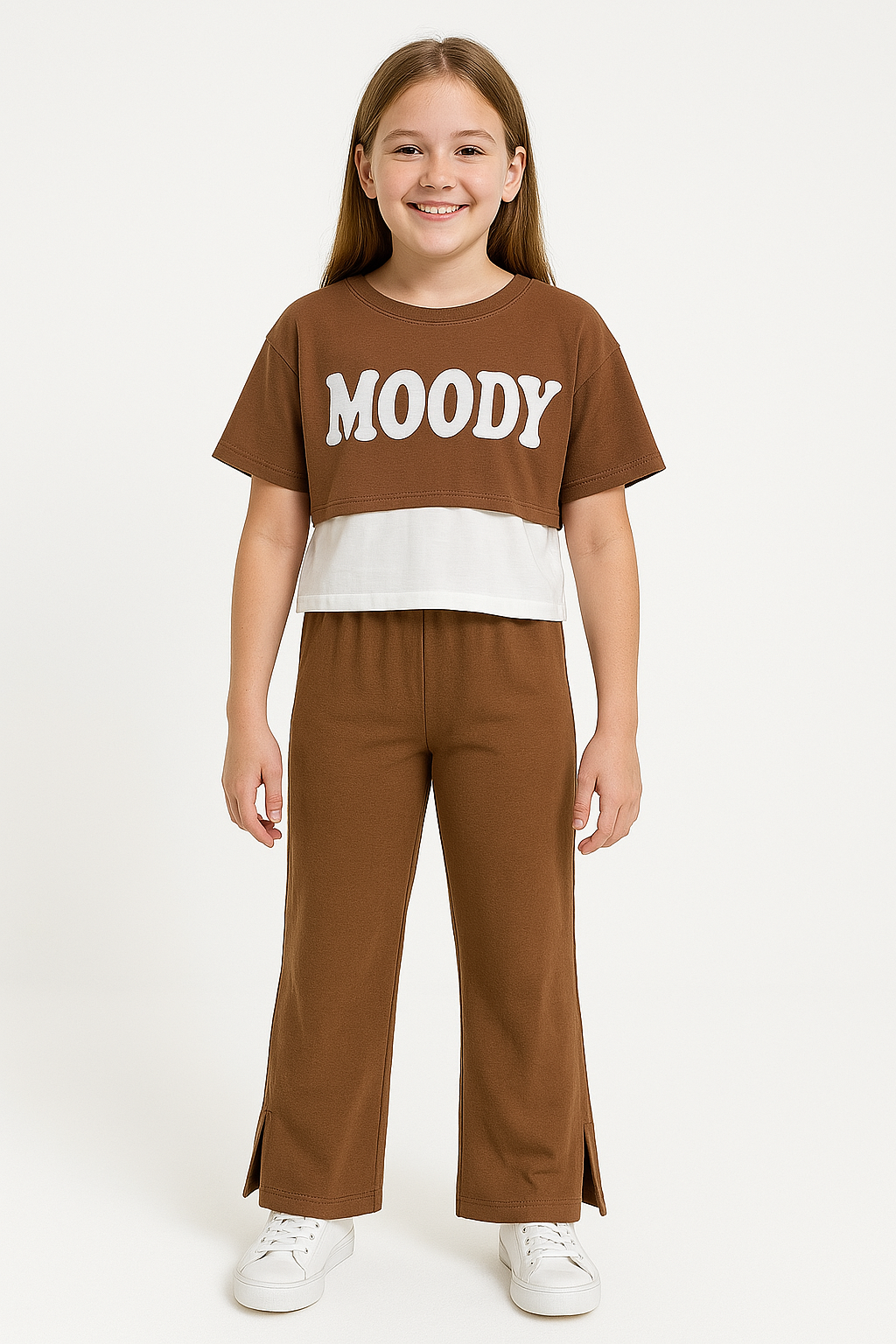 Kız Çocuk Yazlık Takım 2’li | MOODY Baskılı Crop, Atlet + Yırtmaçlı Bol Paça Pantolon | 8-13 Yaş KAHVERENGİ - 12-13 Yaş