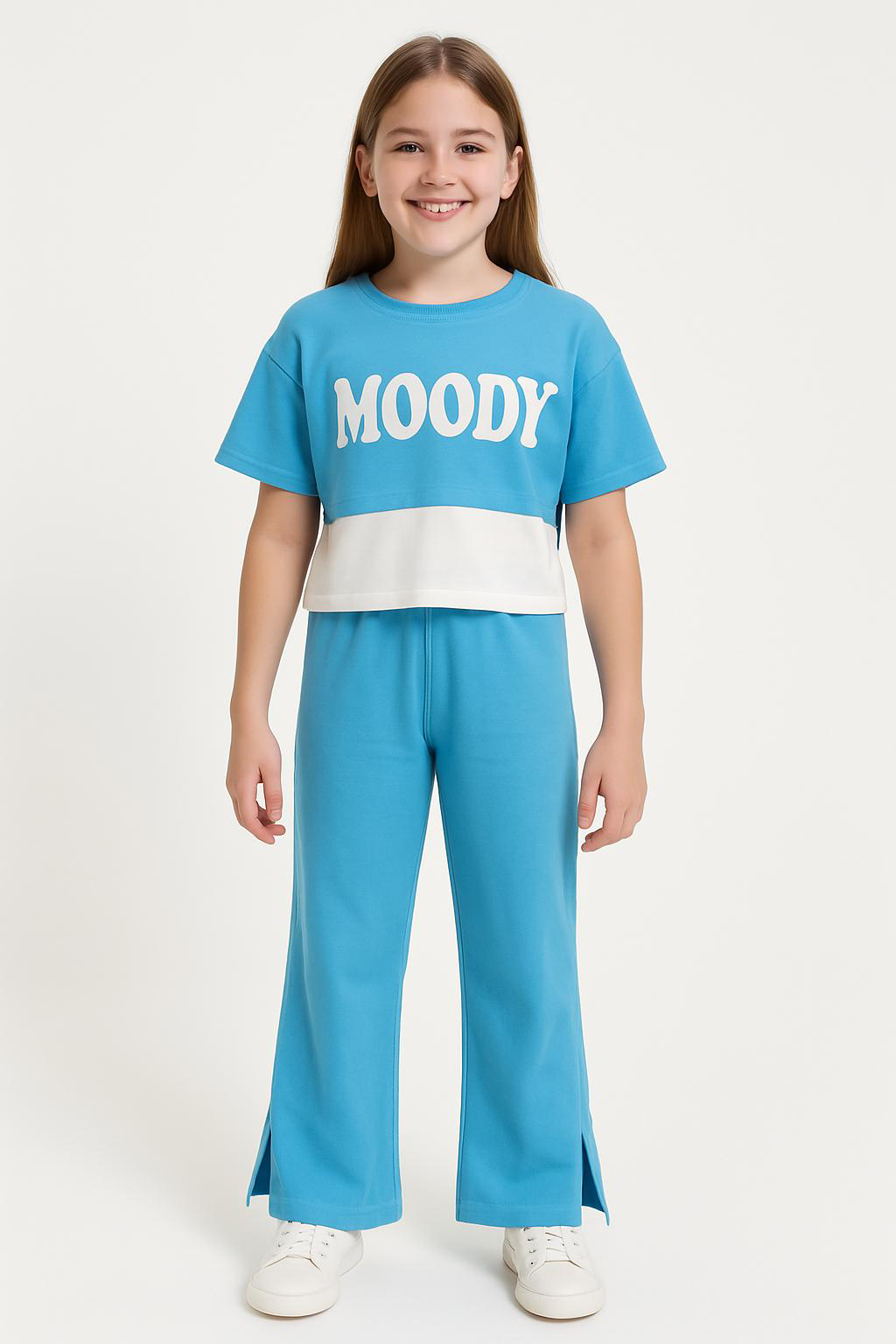 Kız Çocuk Yazlık Takım 2’li | MOODY Baskılı Crop, Atlet + Yırtmaçlı Bol Paça Pantolon | 8-13 Yaş MAVİ - 12-13 Yaş
