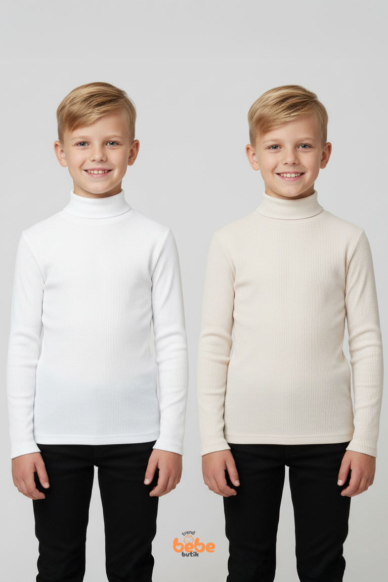 Erkek Çocuk 2’li Set Esnek Kaşkorse Fitilli Boğazlı Uzun Kollu Body Pamuklu İçlik & Günlük Basic Üst
