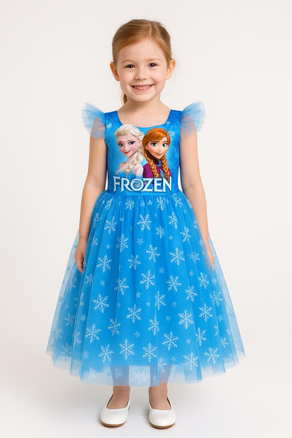 Frozen Elsa Anna Kostüm Elbise Tül Detaylı Kar Tanesi Desenli Kız Çocuk Prenses Elbisesi Tarlatanlı Mavi 6 YAŞ