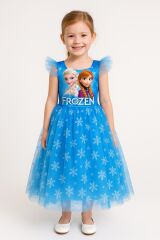 Frozen Elsa Anna Kostüm Elbise Tül Detaylı Kar Tanesi Desenli Kız Çocuk Prenses Elbisesi Tarlatanlı Mavi 6 YAŞ