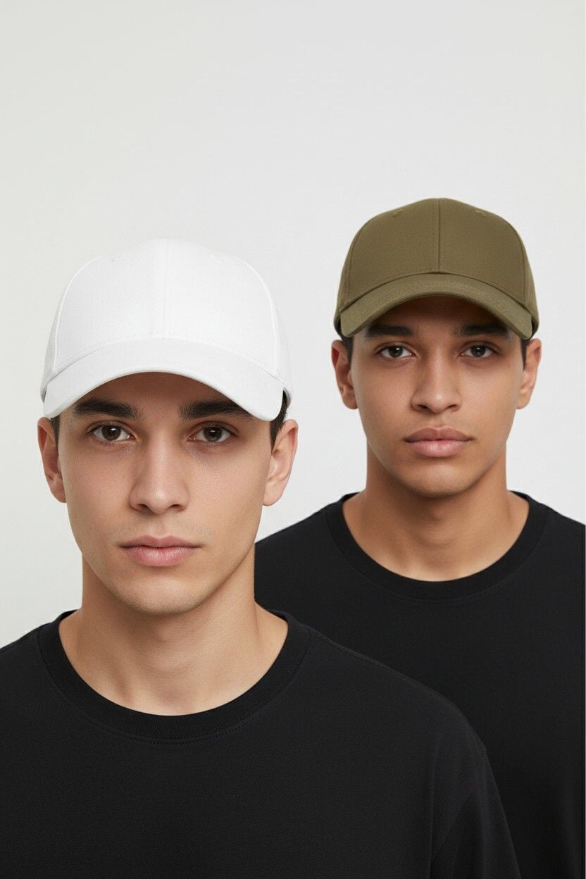 Erkek 2'li Ekonomik Paket Beyzbol Şapkası Seti - Ayarlanabilir Spor Şapka Kombini BEYAZ-HAKİ