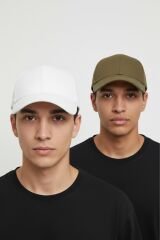 Erkek 2'li Ekonomik Paket Beyzbol Şapkası Seti - Ayarlanabilir Spor Şapka Kombini BEYAZ-HAKİ