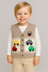 Erkek Çocuk Araba Desenli Triko Yelek | Baharlık & Kışlık Örgü Düğmeli Hırka Süveter 5-8 Yaş Yelek