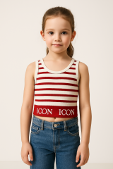 Kız Çocuk Çizgili Atlet Yazı Baskılı Crop | Yazlık Esnek Ribana Kolsuz Bluz | 6-12 Yaş Askılı Üst PEMBE - 12-13 Yaş