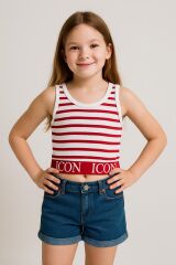 Kız Çocuk Çizgili Atlet Yazı Baskılı Crop | Yazlık Esnek Ribana Kolsuz Bluz | 6-12 Yaş Askılı Üst PEMBE - 12-13 Yaş