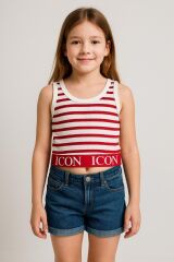Kız Çocuk Çizgili Atlet Yazı Baskılı Crop | Yazlık Esnek Ribana Kolsuz Bluz | 6-12 Yaş Askılı Üst PEMBE - 12-13 Yaş