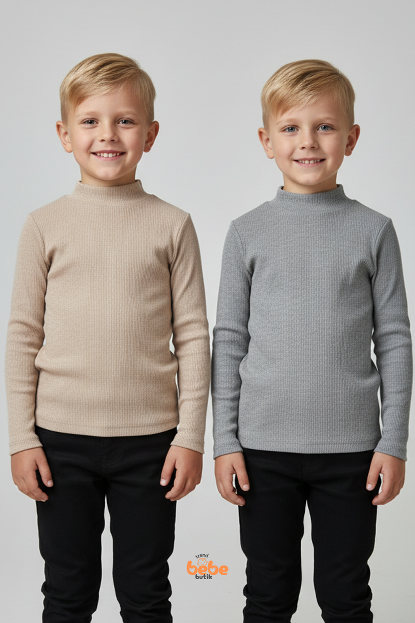 Erkek Çocuk 2’li Set Esnek Kaşkorse Fitilli Boğazlı Uzun Kollu Body Pamuklu İçlik & Günlük Basic Üst