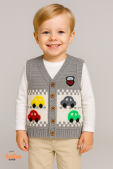 Erkek Çocuk Araba Desenli Triko Yelek | Baharlık & Kışlık Örgü Düğmeli Hırka Süveter 5-8 Yaş Yelek