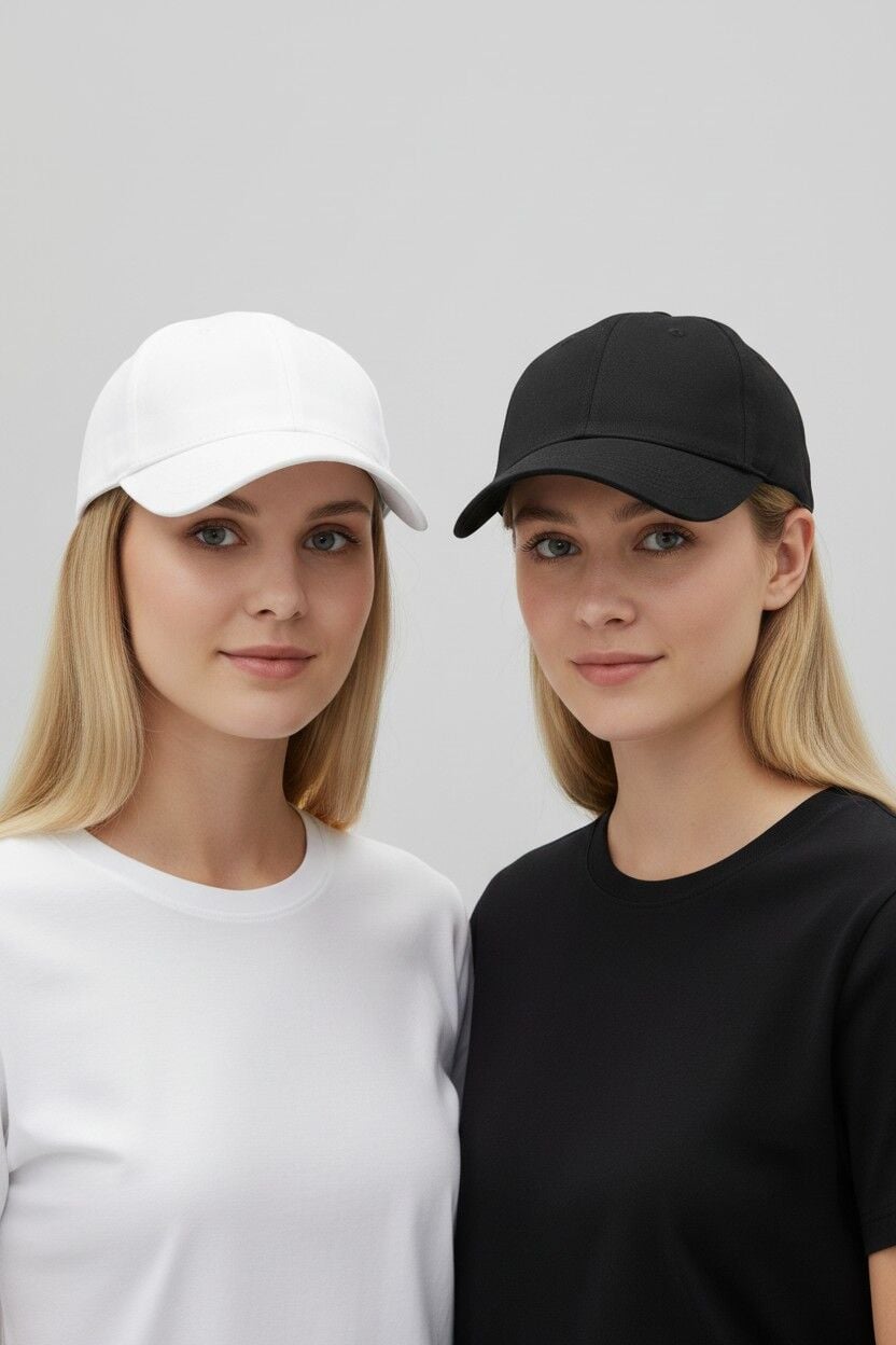 Kadın 2'li Avantaj Paketi Beyzbol Şapkası Seti - Ayarlanabilir Basic Spor Şapka Kombini SİYAH-BEYAZ