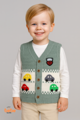 Erkek Çocuk Araba Desenli Triko Yelek | Baharlık & Kışlık Örgü Düğmeli Hırka Süveter 5-8 Yaş Yelek