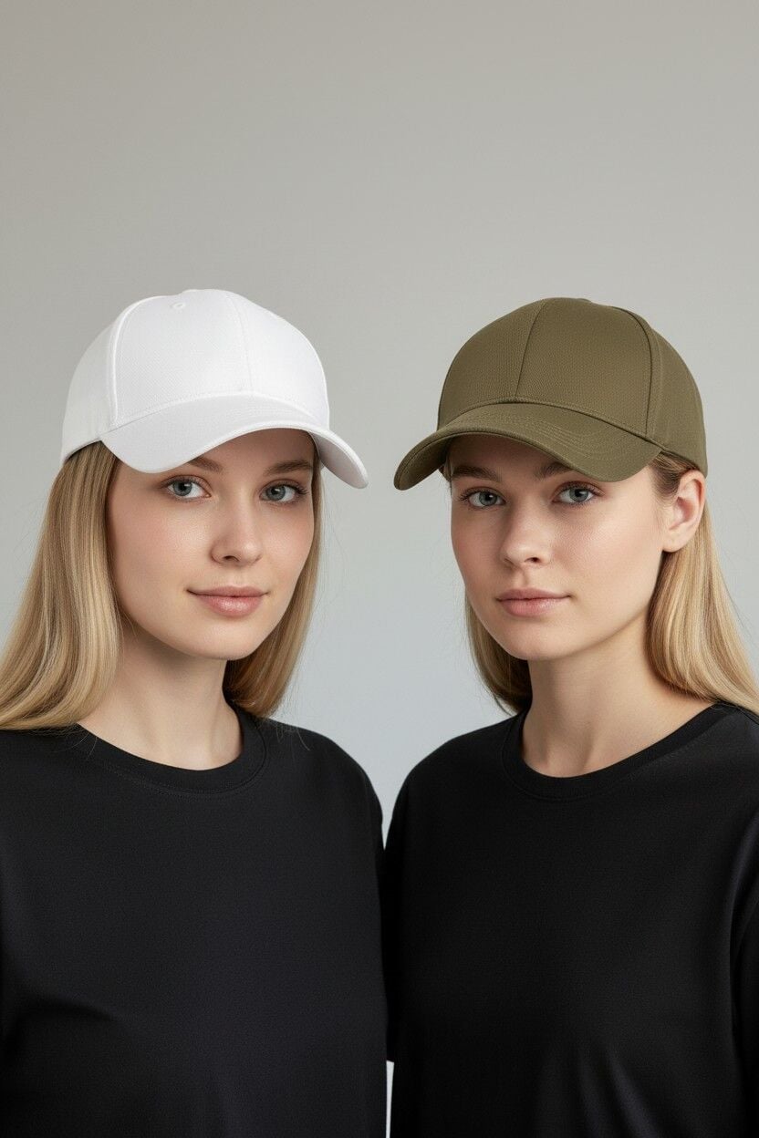 Kadın 2'li Avantaj Paketi Beyzbol Şapkası Seti - Ayarlanabilir Basic Spor Şapka Kombini BEYAZ-HAKİ
