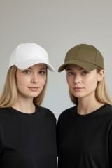 Kadın 2'li Avantaj Paketi Beyzbol Şapkası Seti - Ayarlanabilir Basic Spor Şapka Kombini BEYAZ-HAKİ