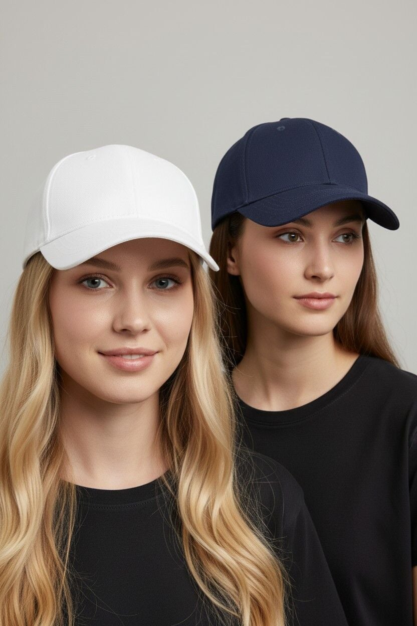 Kadın 2'li Avantaj Paketi Beyzbol Şapkası Seti - Ayarlanabilir Basic Spor Şapka Kombini BEYAZ-LACİVERT