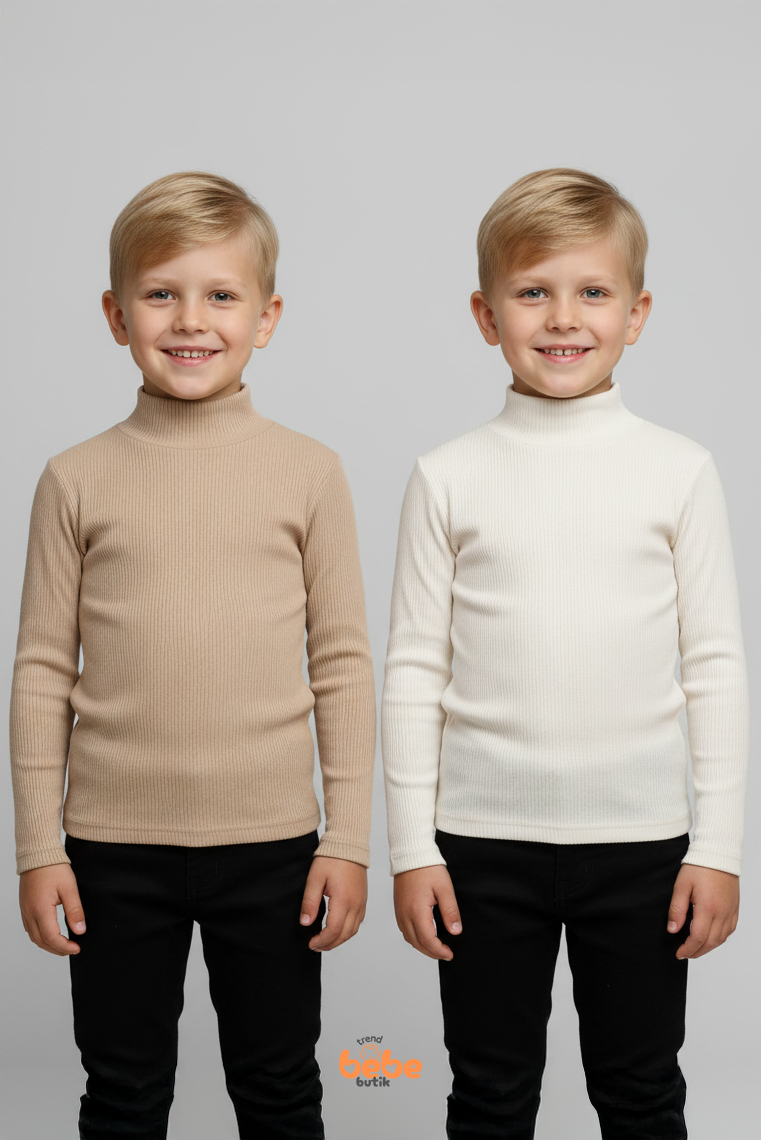 Erkek Çocuk 2’li Set Esnek Kaşkorse Fitilli Boğazlı Uzun Kollu Body Pamuklu İçlik & Günlük Basic Üst