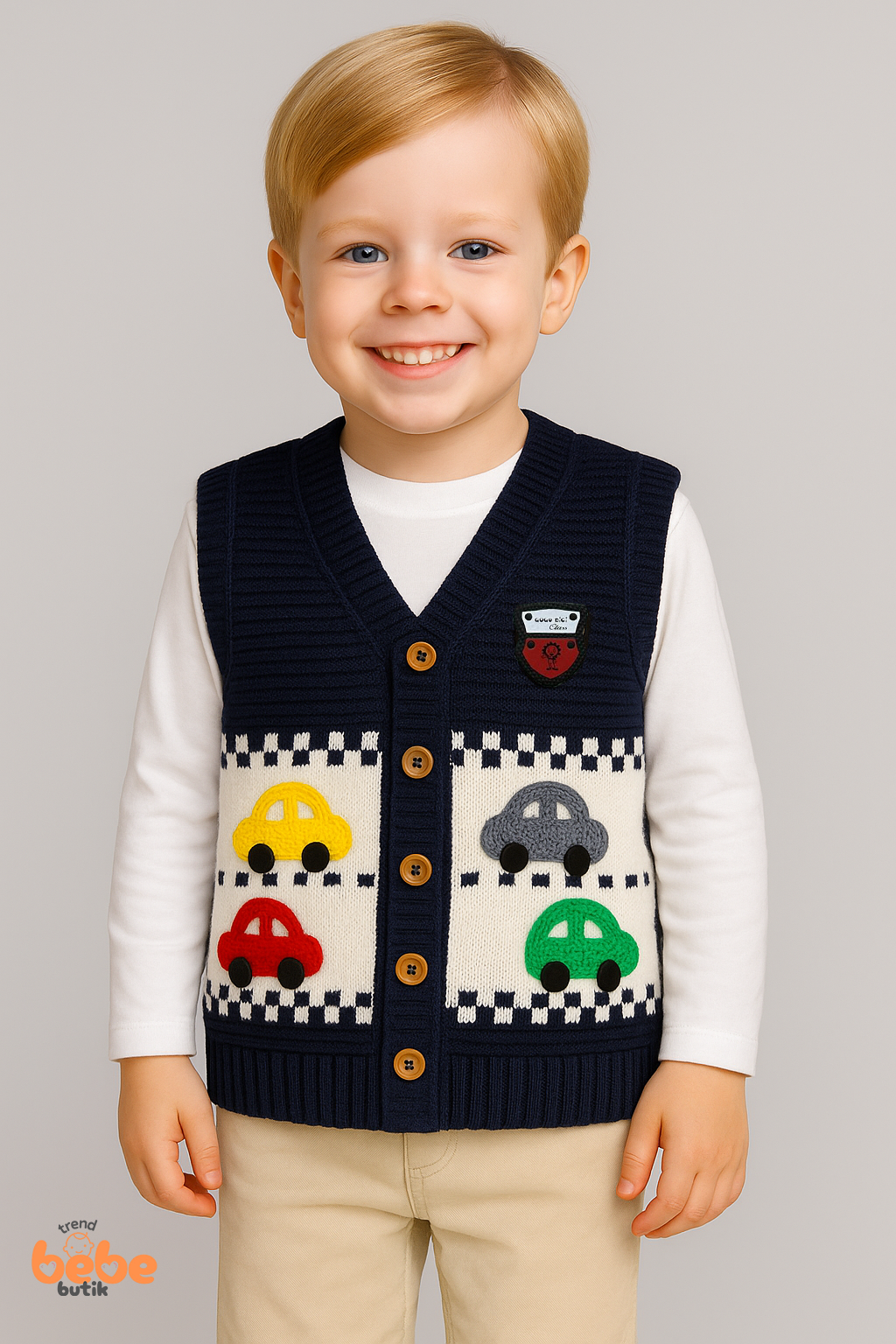 Erkek Çocuk Araba Desenli Triko Yelek | Baharlık & Kışlık Örgü Düğmeli Hırka Süveter 5-8 Yaş Yelek