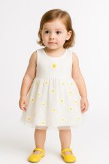 Bebek Tüllü Body Elbise Papatya Desenli | Kolsuz Yazlık Kız Bebek Tulum 0-18 Ay BEYAZ - 0-6 Ay