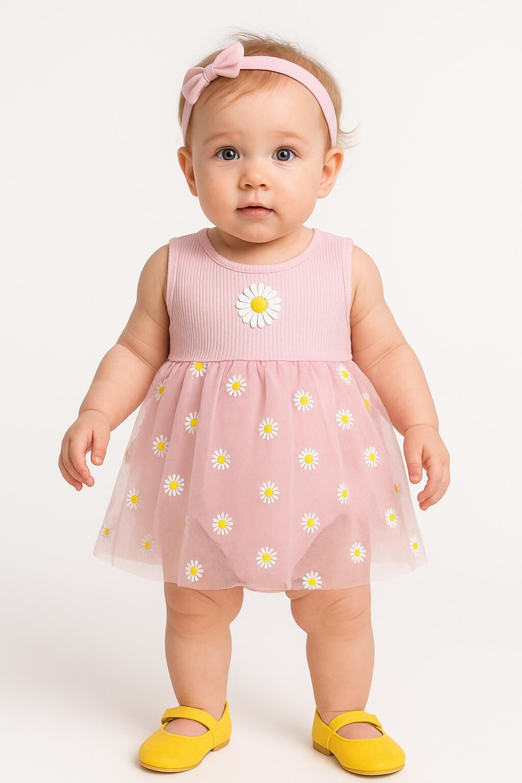Bebek Tüllü Body Elbise Papatya Desenli | Kolsuz Yazlık Kız Bebek Tulum 0-18 Ay PEMBE - 0-6 Ay