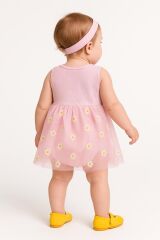 Bebek Tüllü Body Elbise Papatya Desenli | Kolsuz Yazlık Kız Bebek Tulum 0-18 Ay PEMBE - 0-6 Ay