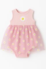 Bebek Tüllü Body Elbise Papatya Desenli | Kolsuz Yazlık Kız Bebek Tulum 0-18 Ay PEMBE - 0-6 Ay