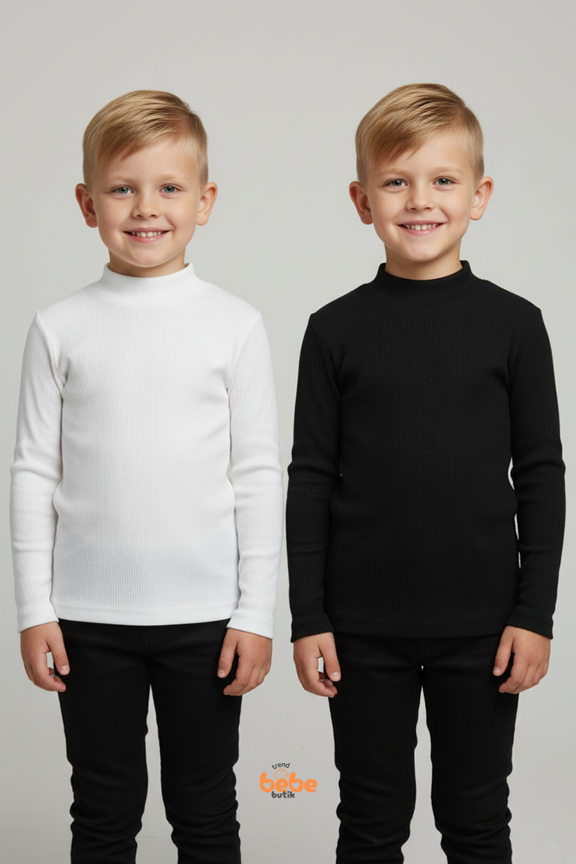 Erkek Çocuk 2’li Set Esnek Kaşkorse Fitilli Boğazlı Uzun Kollu Body Pamuklu İçlik & Günlük Basic Üst