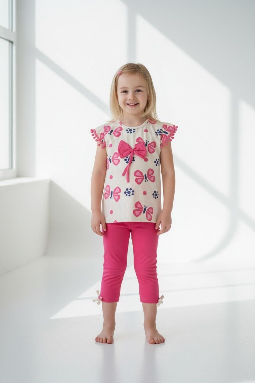 Kız Çocuk Çiçek Desenli Fiyonk Detaylı Pamuklu Taytlı Takım - 2'li Kombin PEMBE 3-4 Yaş