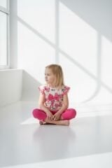 Kız Çocuk Çiçek Desenli Fiyonk Detaylı Pamuklu Taytlı Takım - 2'li Kombin PEMBE 3-4 Yaş