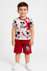 Zara Model Erkek Çocuk Mickey Mouse MR Baskılı Yazlık Şort Tişört Takım (5-12 Yaş)  %100 Pamuk  İkili Set 9-10 Yaş - KIRMIZI