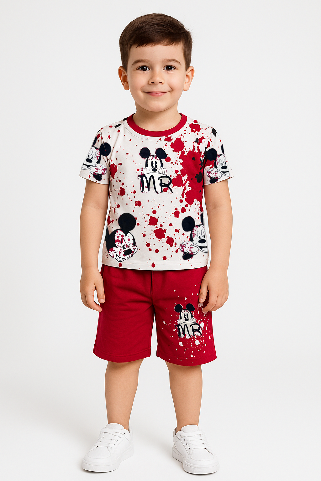 Zara Model Erkek Çocuk Mickey Mouse MR Baskılı Yazlık Şort Tişört Takım (5-12 Yaş)  %100 Pamuk  İkili Set 11-12 Yaş - KIRMIZI
