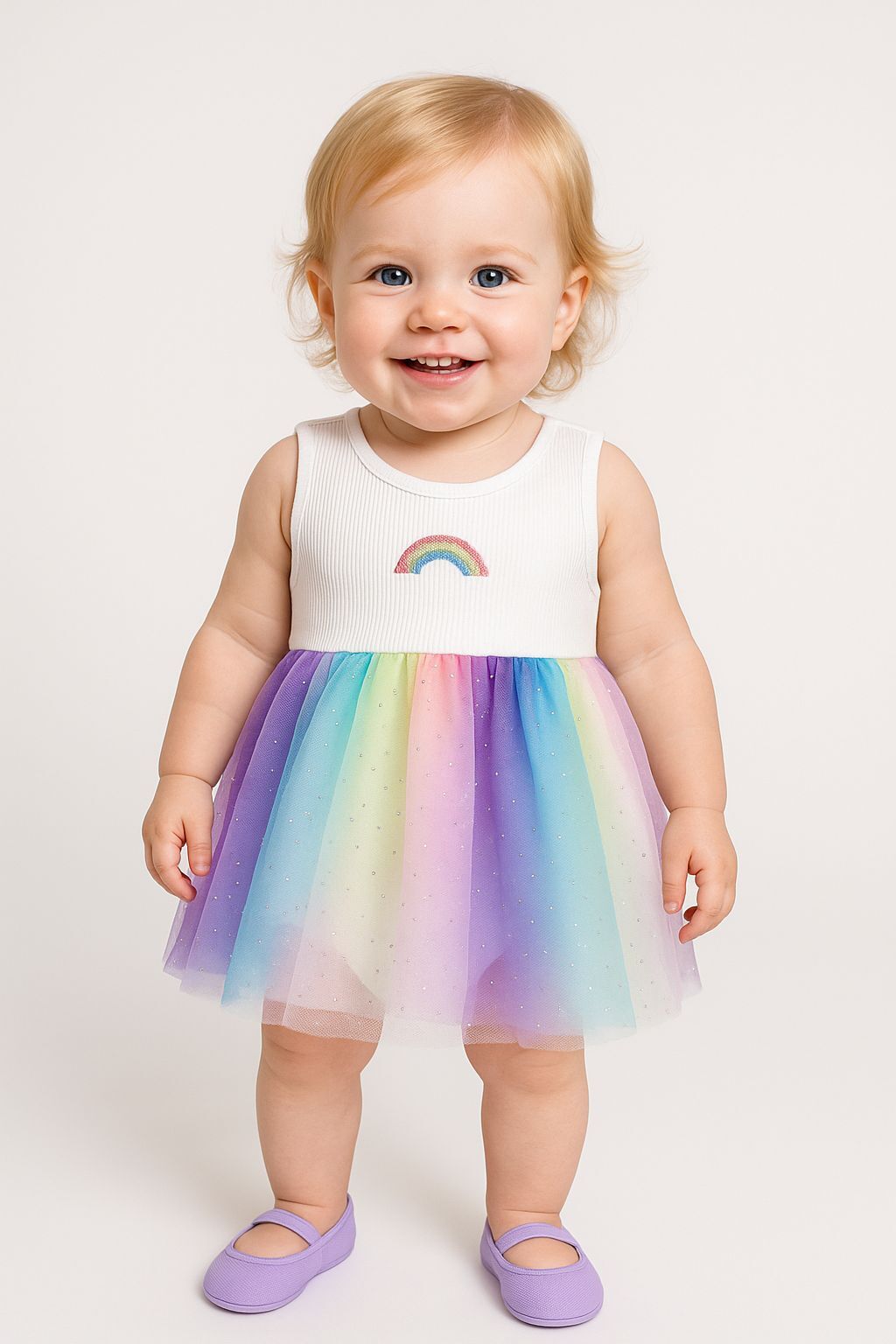 Gökkuşağı Desenli Tüllü Bebek Elbise 6-18 Ay | Yazlık Renkli Body Tulum | Tül Etekli Model