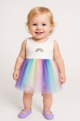 Gökkuşağı Desenli Tüllü Bebek Elbise 6-18 Ay | Yazlık Renkli Body Tulum | Tül Etekli Model 12 AY