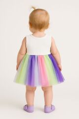 Gökkuşağı Desenli Tüllü Bebek Elbise 6-18 Ay | Yazlık Renkli Body Tulum | Tül Etekli Model 12 AY