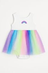 Gökkuşağı Desenli Tüllü Bebek Elbise 6-18 Ay | Yazlık Renkli Body Tulum | Tül Etekli Model 12 AY