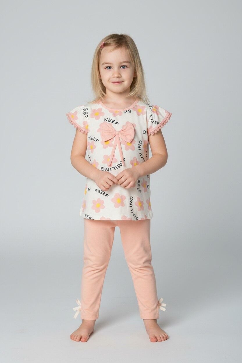 Kız Çocuk Çiçek Desenli Fiyonk Detaylı Pamuklu Taytlı Takım - 2'li Kombin PUDRA PEMBE 3-4 Yaş