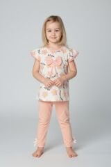 Kız Çocuk Çiçek Desenli Fiyonk Detaylı Pamuklu Taytlı Takım - 2'li Kombin PUDRA PEMBE 3-4 Yaş